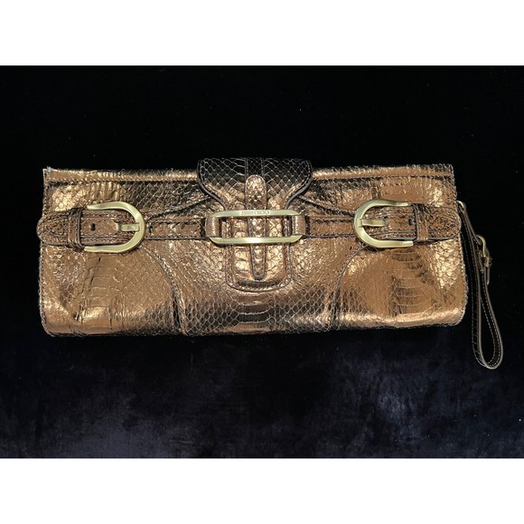 Jimmy Choo Handbags - Jimmy Choo Tulita Clutch Bronze Brown Wristlet Gold Buckle Hardware Zip Closure